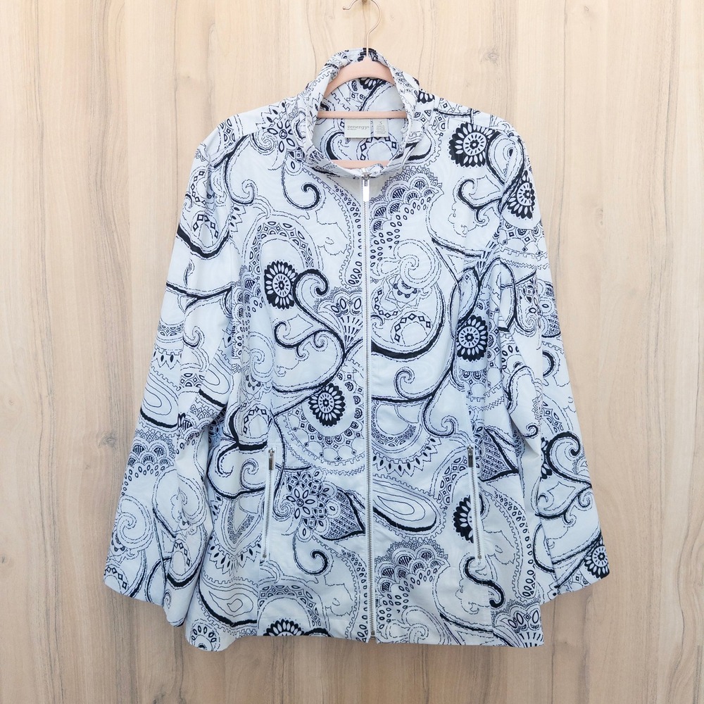 Zenergy by Chicos Womens Jacket Size L White‎ Black Paisley Zip Up Active Boho